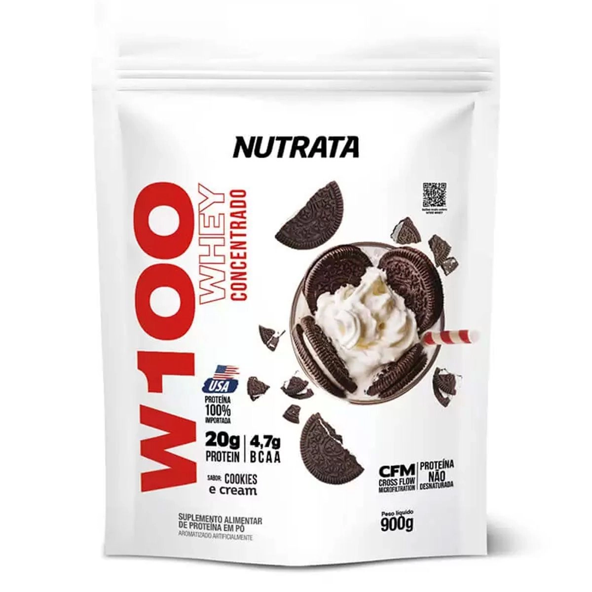 W100 Whey Concentrado Sabor Cookies e Cream Refil Com 900g Nutrata