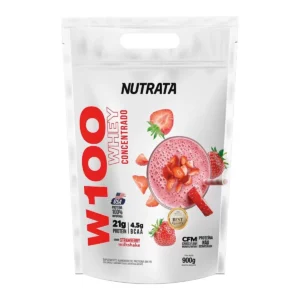 W100 Whey Concentrado Sabor Strawberry Milkshake Refil Com 900g Nutrata