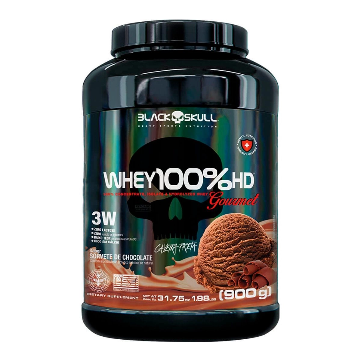 Whey 100% HD Gourmet Sabor Sorvete De Chocolate Com 900g Black Skull